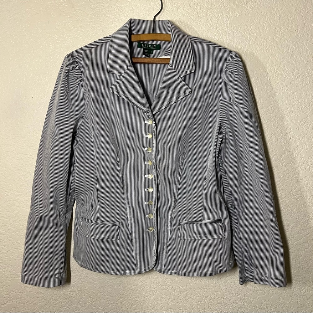 Lauren Ralph Lauren Women's Blue Pinstripe Seersucker Blazer Size Large